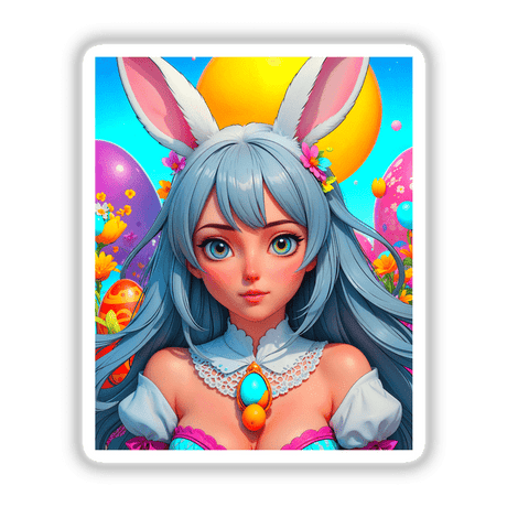 Cute Easter Bunny Girl cartoon with bunny ears and flowers, available as stickers or digital artwork from Decal Venue. Perfect for fans of whimsical, anime-inspired designs.