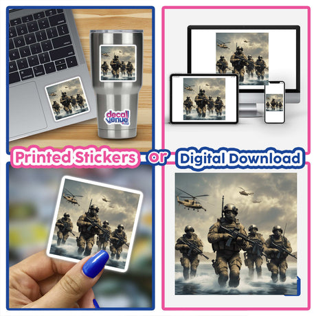 Hero Series 5 collage featuring soldiers, laptops, and military scenes, available as stickers or digital artwork.