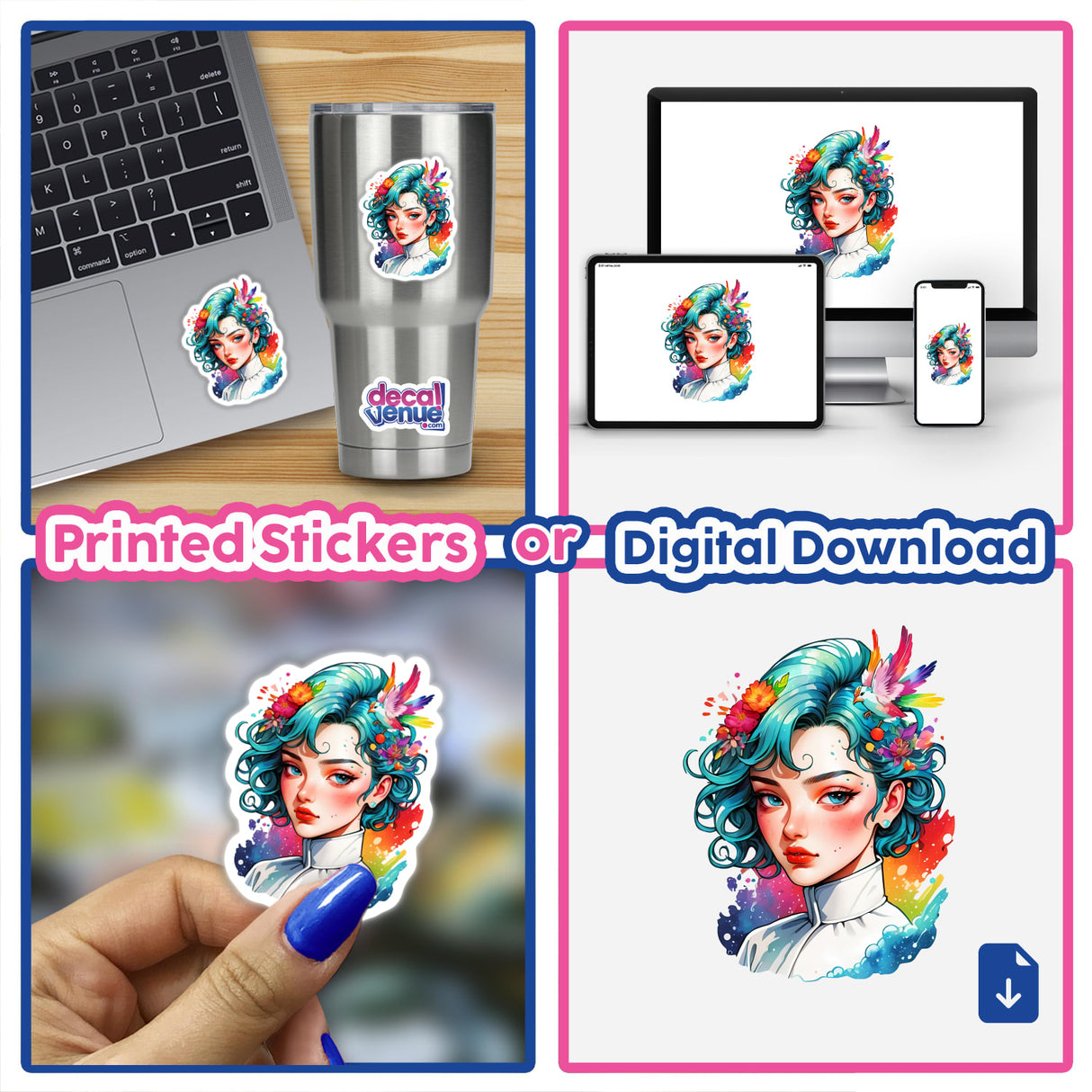 Collage featuring the 90’s Anime Splash Sticker | Pop Art Portrait with Bold Colors depicting a woman with vibrant blue hair, available as stickers or digital artwork from Decal Venue.