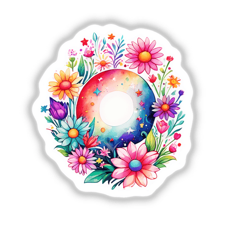 Vibrant Cosmic Floral Portal Sticker - Whimsical Celestial Botanical Design featuring a detailed, radiant flower wreath encircling a central white space. Perfect for adding a touch of unique artistry to any surface.