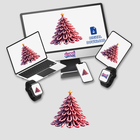 Candy Cane Tree displayed on a computer monitor and laptop screen, showcasing the festive digital artwork available as stickers or digital art from Decal Venue.