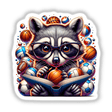 Cute Raccoon Reading a Book with Glasses and Sports Balls artwork features a raccoon with glasses, surrounded by various sports balls, perfect for stickers or digital art.