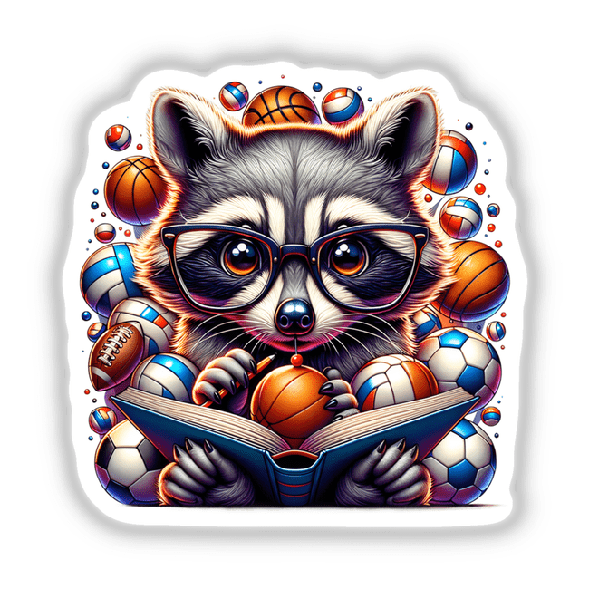 Cute Raccoon Reading a Book with Glasses and Sports Balls artwork features a raccoon with glasses, surrounded by various sports balls, perfect for stickers or digital art.