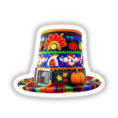 Thanksgiving Pilgrim Hat Knit Fabric Style featuring a festive pumpkin and buckle, offered as stickers or digital artwork by Decal Venue.