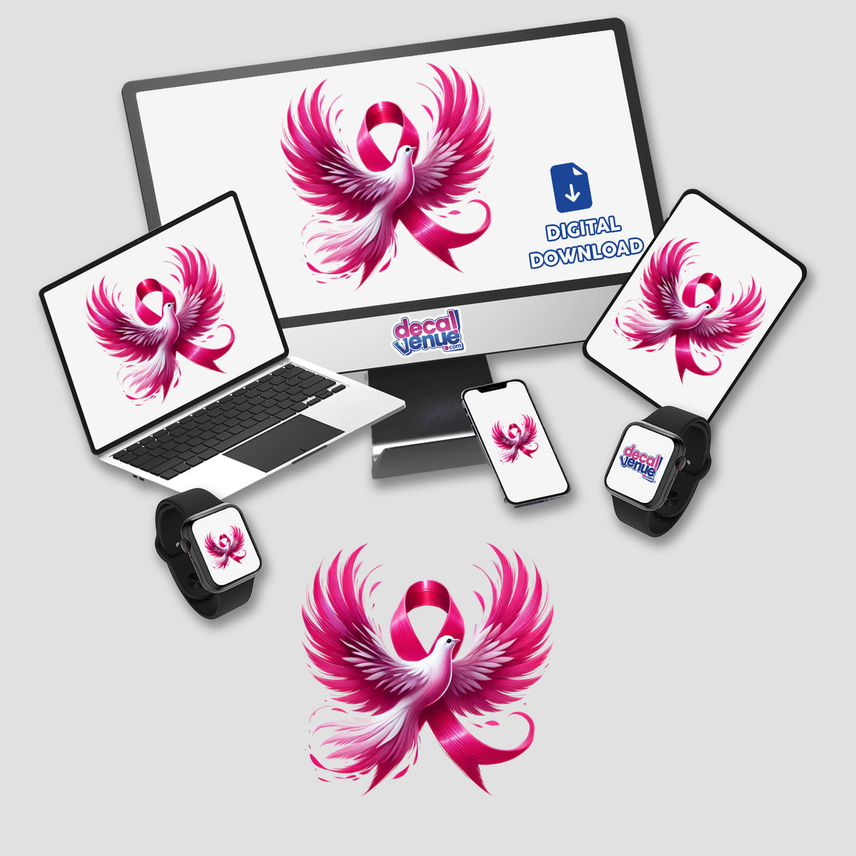 Dove Bird Pink Ribbon Breast Cancer design displayed on a computer monitor and laptop. Available as stickers or digital artwork from Decal Venue.