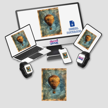 Hot Air Balloon on Vintage World Map displayed on a computer monitor and laptop, available as stickers or digital artwork from Decal Venue.