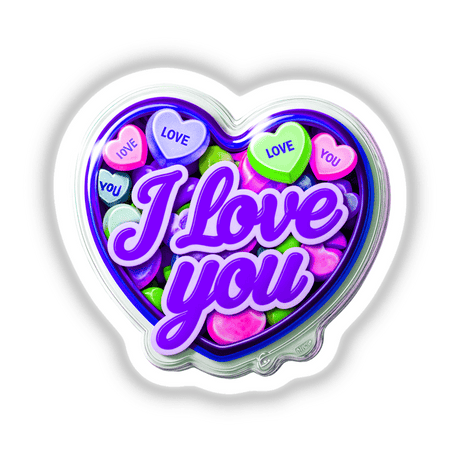 Heart-shaped candy container with I Love You text, available as stickers or digital artwork, embodying Decal Venue's unique blend of creativity in stickers and digital art.