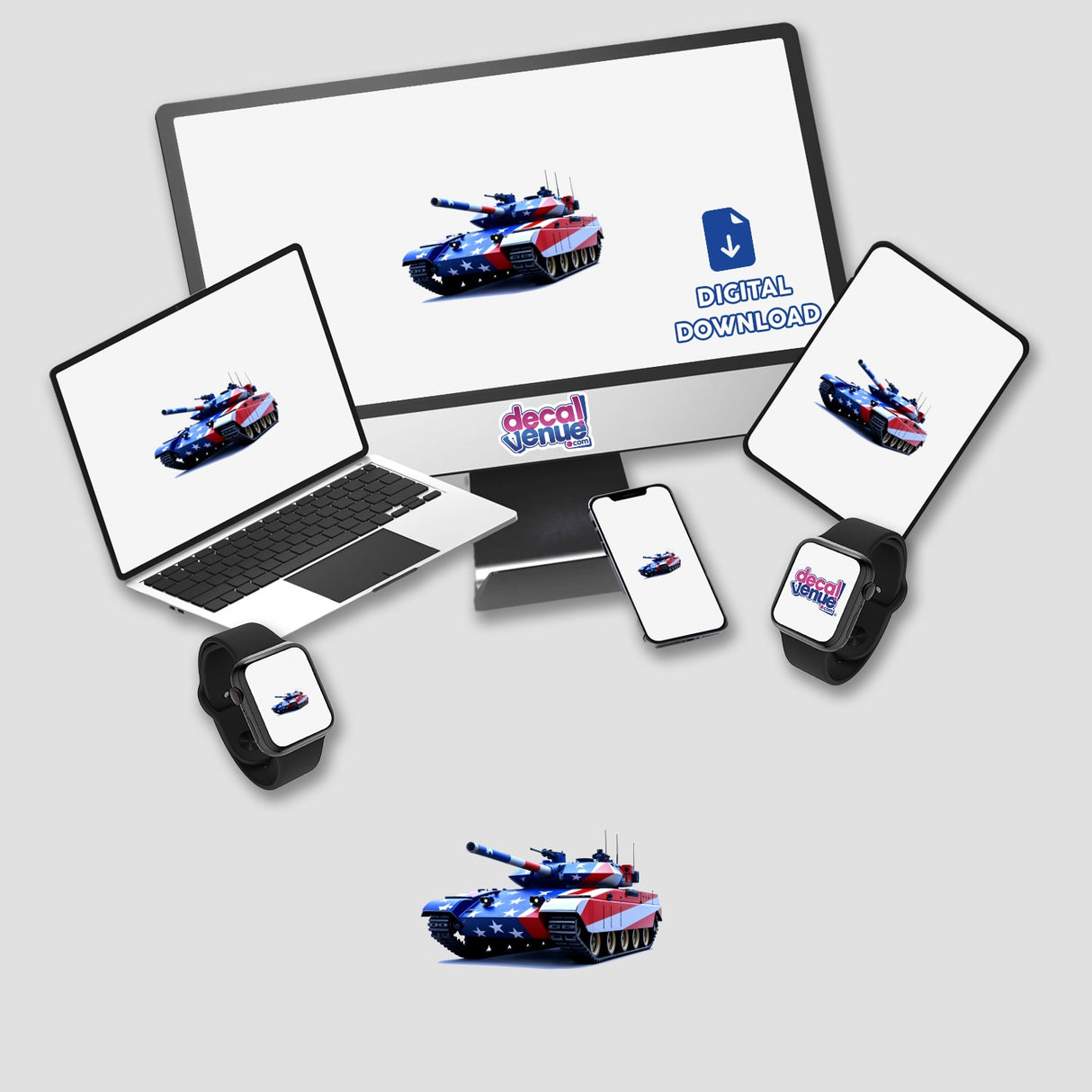 A Cool American Flag Army Tank displayed on a computer monitor, laptop, and tablet. Available as stickers or digital artwork, showcasing unique design from Decal Venue.