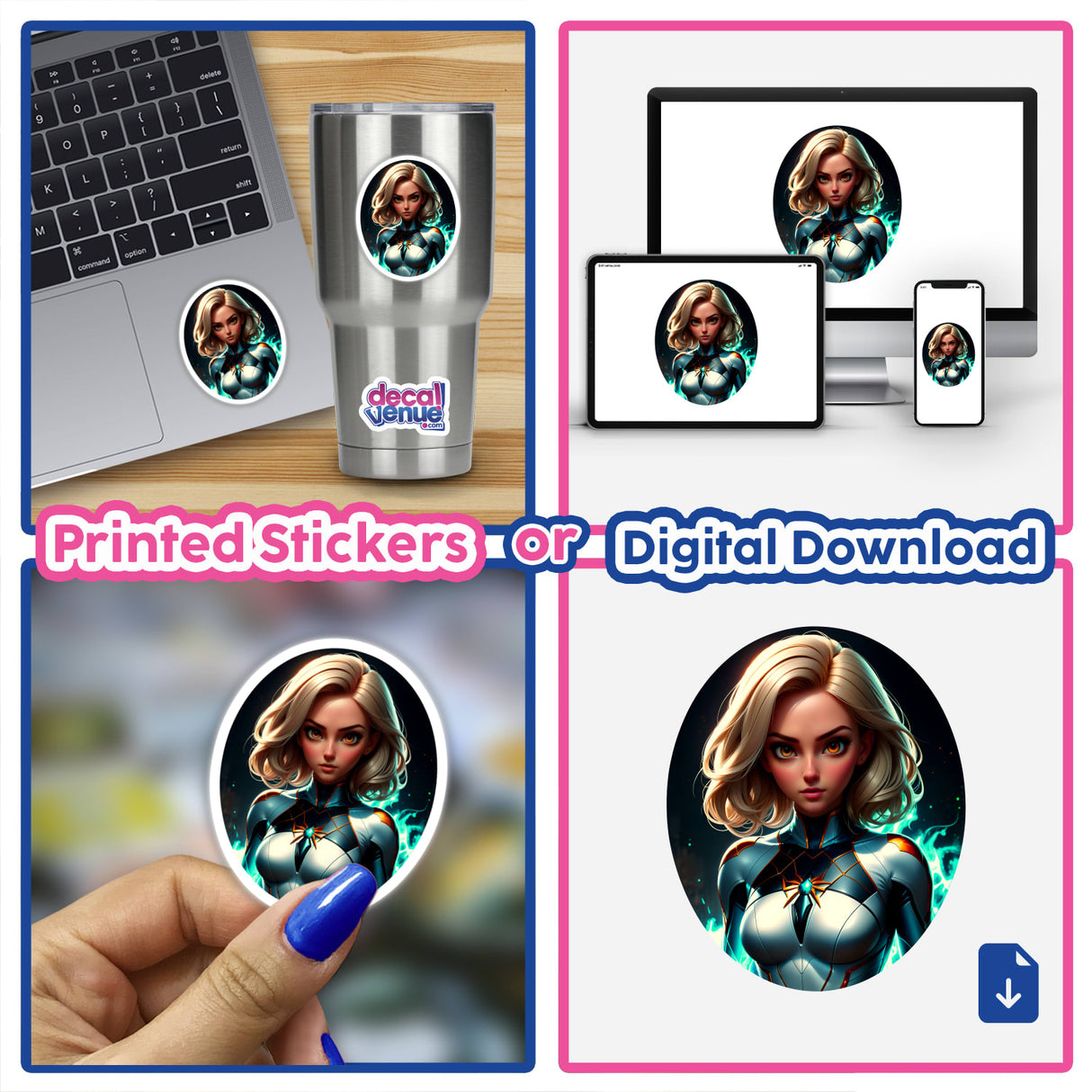 Collage featuring A Cute Anime Superhero Girl depicted in various cartoon styles, available as vinyl stickers or digital artwork, emphasizing creativity and versatility from Decal Venue.