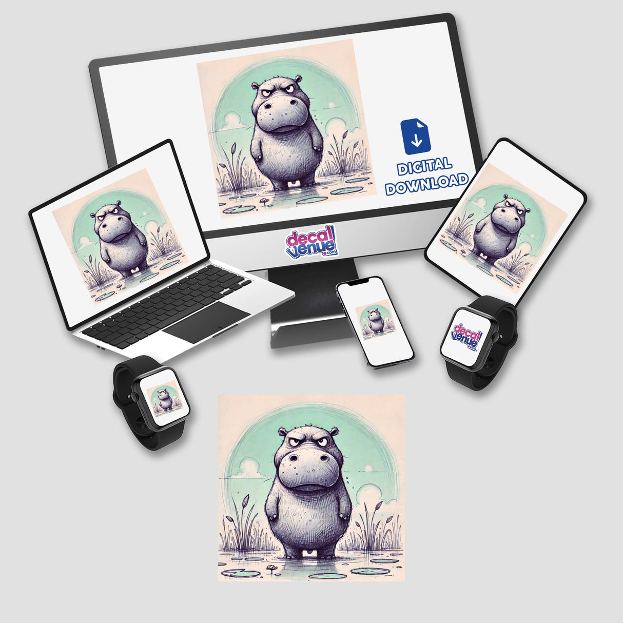 Frowning Hippo in a Pond displayed on a computer monitor and laptop screen, showcasing a cartoon hippo standing in water, available as stickers or digital artwork from Decal Venue.