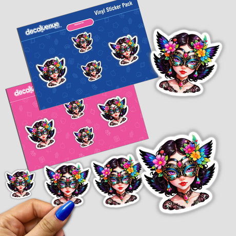 Divine Masquerade: Angelic Woman in Intricate Mask Sticker held by a hand, showcasing detailed artwork of a masked woman.