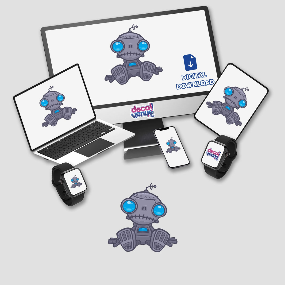 Sad Robot stickers featuring cartoon robots displayed on a computer monitor and laptop screens. Ideal for tech-themed personalization from Decal Venue, known for unique digital art and stickers.