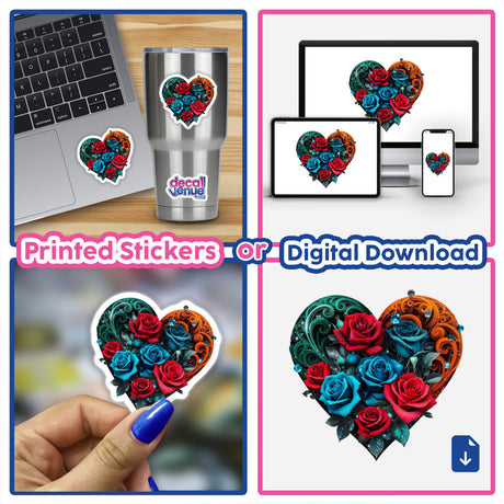 Floral Heart with Red and Blue Roses sticker featuring a heart collage adorned with roses, suitable for laptops and phones, available as a unique vinyl sticker or digital artwork.