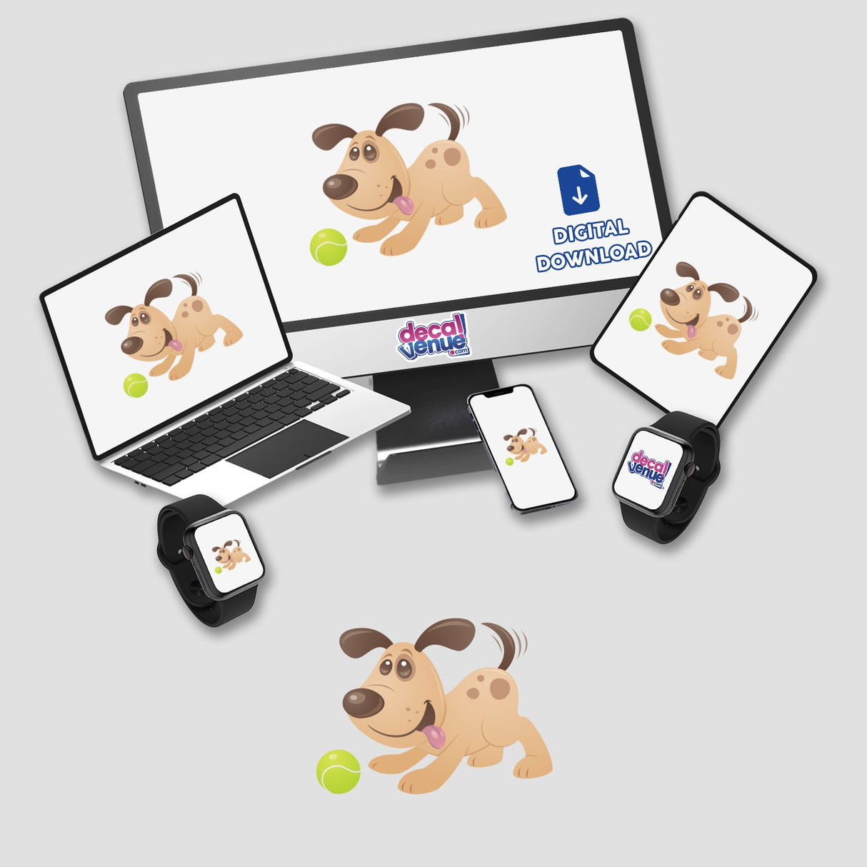 Playful Puppy sticker set featuring a cartoon dog interacting with a tennis ball, displayed on various digital screens like a laptop, monitor, and tablet, ideal for personalizing devices.