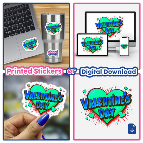 Valentine's Day Love Heart stickers displayed on a laptop, featuring heart-shaped designs. A hand holds a sticker, showcasing unique digital artwork from Decal Venue's sticker collection.