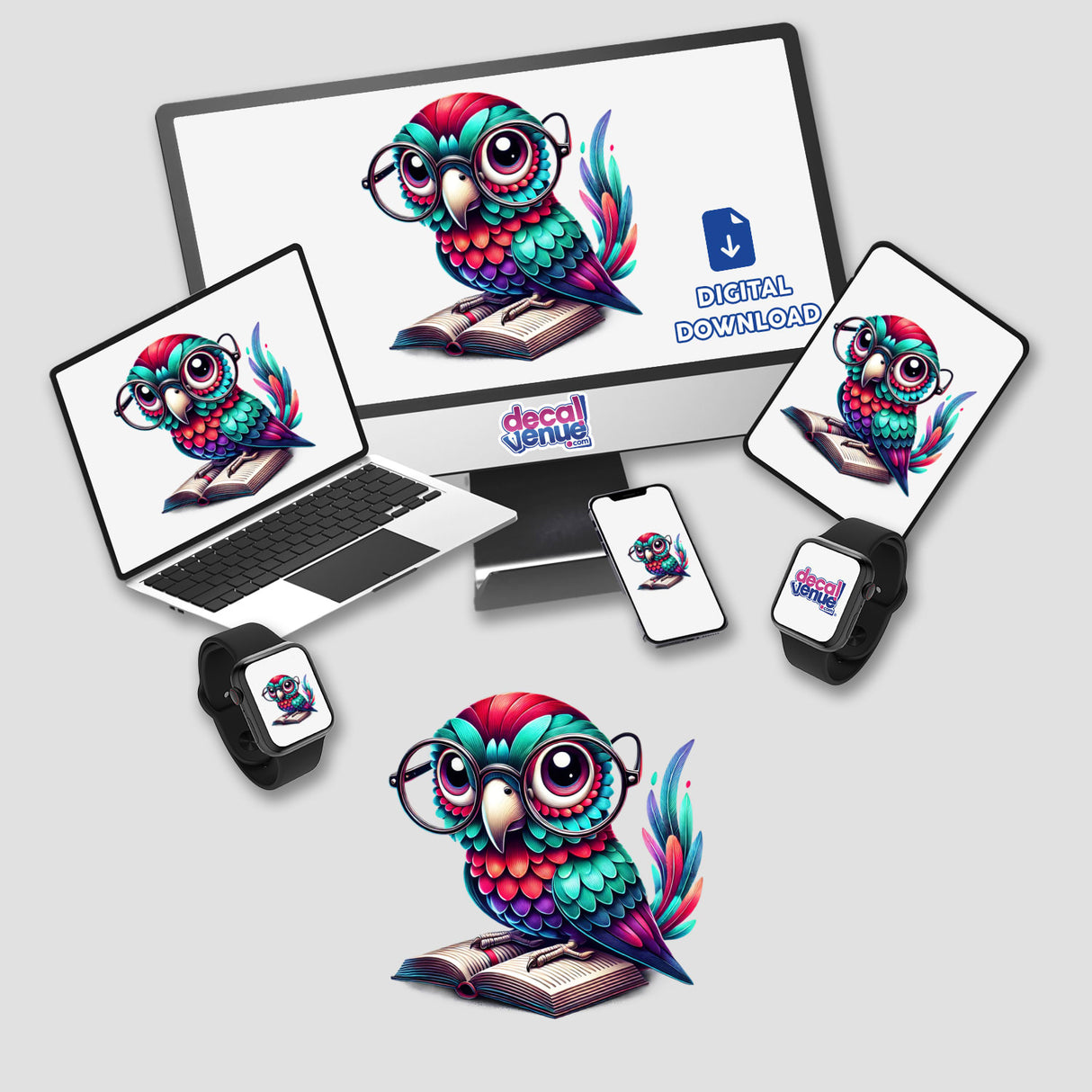 Parrot With Reading Glasses Open Book displayed on a computer monitor and various devices, showcasing its availability as stickers or digital artwork.