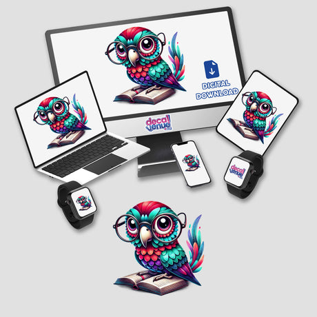 Parrot With Reading Glasses Open Book displayed on a computer monitor and various devices, showcasing its availability as stickers or digital artwork.