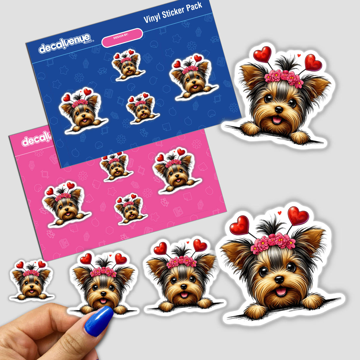 Peeking Yorkie Heart Headband stickers feature cute Yorkies with hearts on their heads, perfect for embellishing items with adorable dog-themed art. Available as stickers or digital artwork from Decal Venue.