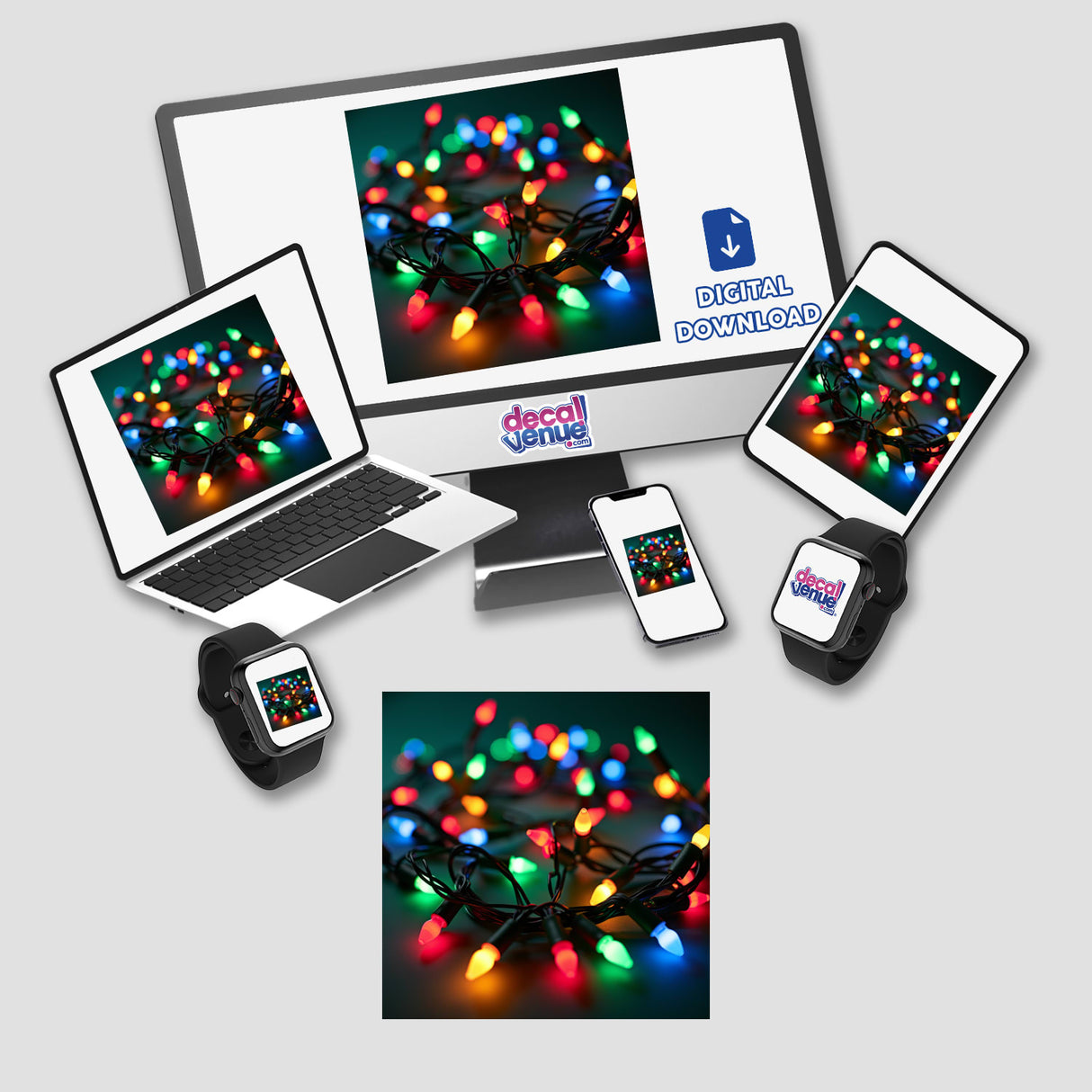 Christmas Lights Envelope Seal Stickers displayed on a laptop and phone, showcasing bright and festive holiday lights, embodying Decal Venue's unique digital art and sticker offerings.