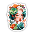 Portrait sticker of a woman with succulents in her hair, titled Nature and Beauty Sticker | Woman’s Portrait with Succulent Plants from Decal Venue.