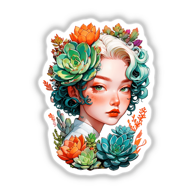 Portrait sticker of a woman with succulents in her hair, titled Nature and Beauty Sticker | Woman’s Portrait with Succulent Plants from Decal Venue.