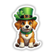 St. Patrick's Day Puppy cartoon featuring a dog in a green leprechaun hat with a black nose and yellow button, available as stickers or digital artwork from Decal Venue.