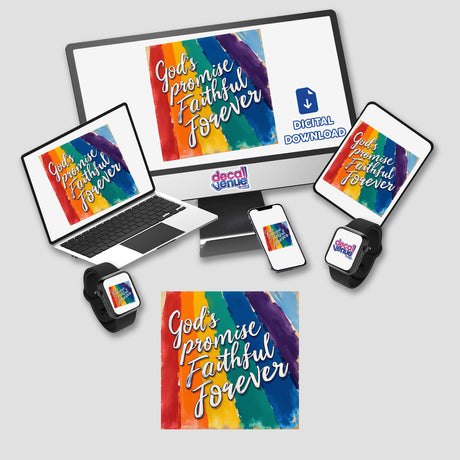 God’s Promise, Faithful Forever - Genesis 9:13 Christian Sticker displayed on a computer monitor and laptop, highlighting uplifting Bible verse clipart, available as unique stickers or digital artwork.