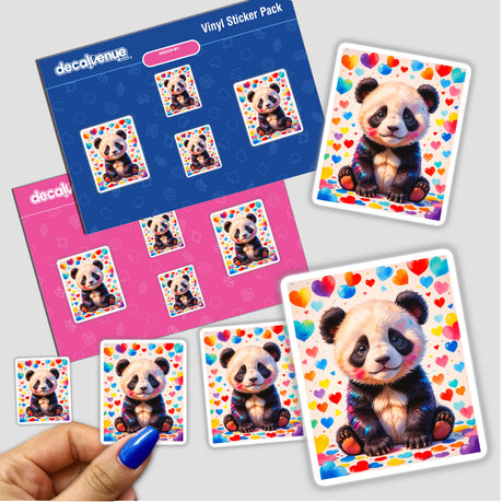 Cute panda bear with love hearts sticker pack, featuring various panda illustrations surrounded by hearts, perfect for adding charm to surfaces. Available as stickers or digital artwork from Decal Venue.