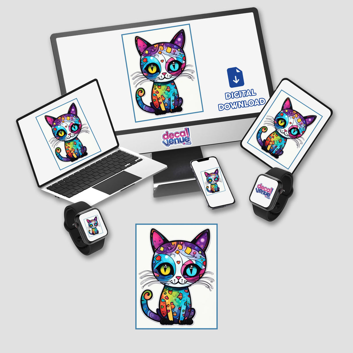 Cat of Many Colors depicted on a computer monitor and laptop screen, available as unique stickers or digital artwork, showcasing a vibrant and diverse feline design.