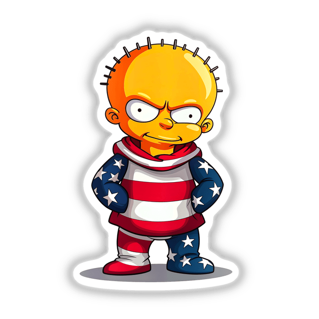 A Funny Guy with an American Flag Outfit cartoon character, featuring stars and stripes, available as stickers or digital artwork from Decal Venue.