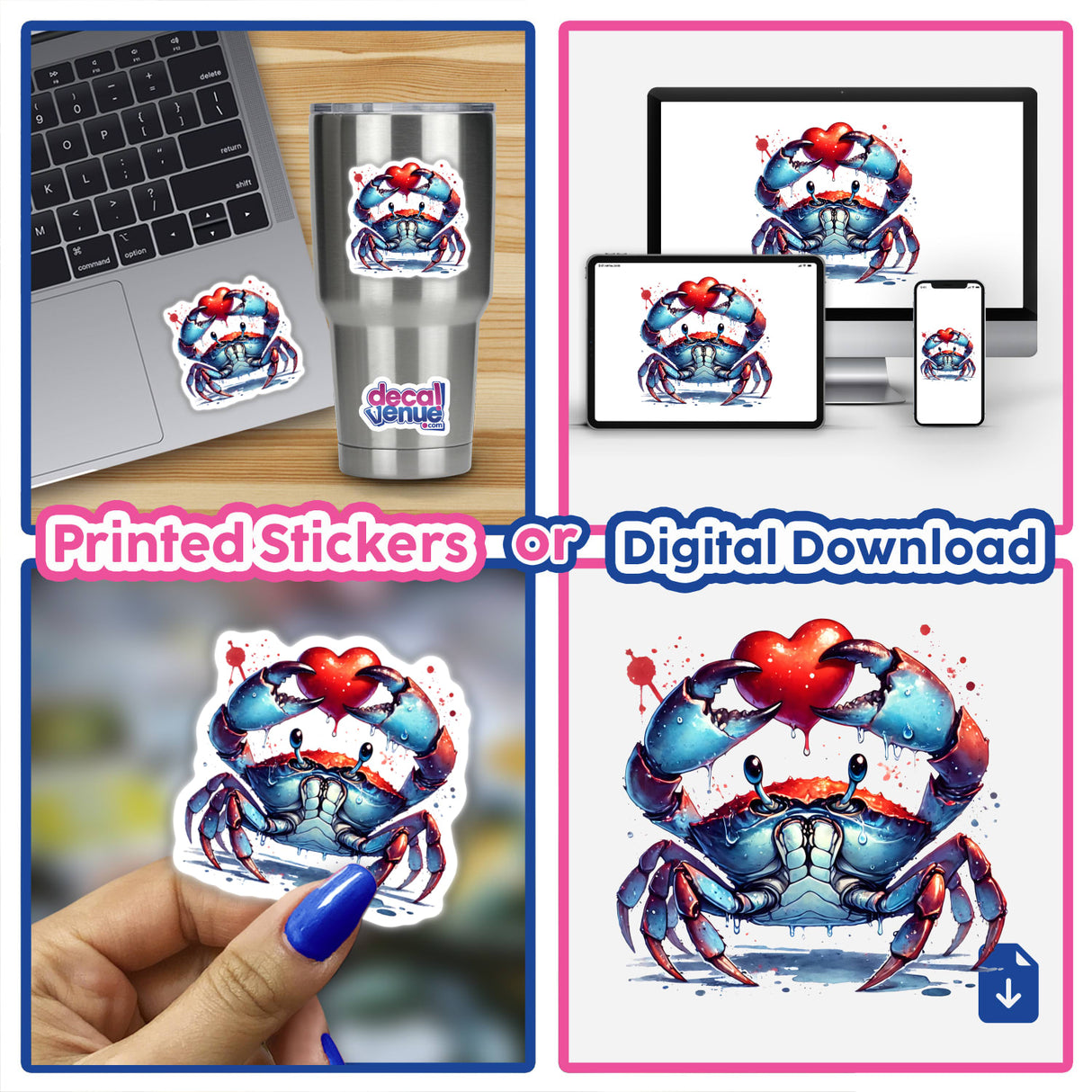 Watercolor Blue Crab Holding Heart depicted as a sticker on various items like a laptop and cup, showcasing its versatility as both a sticker and digital artwork.