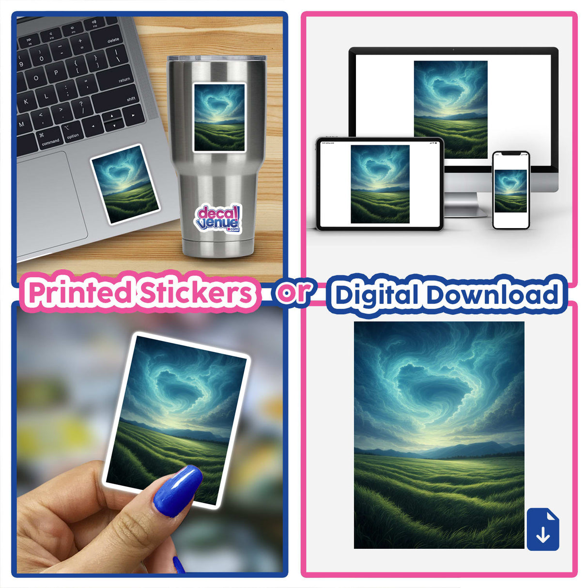 Collage featuring 'Stormy Sky Over Lush Green Fields with Rolling Waves of Grass' as stickers or digital artwork, including close-ups of laptops and phones showcasing the design's versatility.