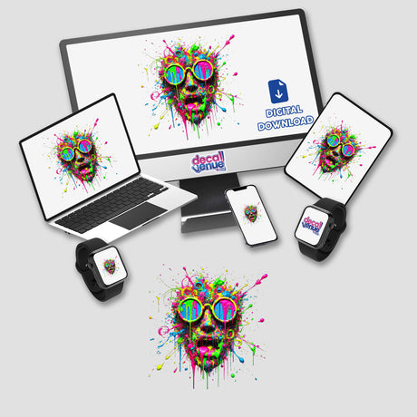 Neon Psychedelic Splatter Face: Vibrant Dripping Paint design displayed on a computer screen and laptop, available as unique stickers or digital artwork from Decal Venue.