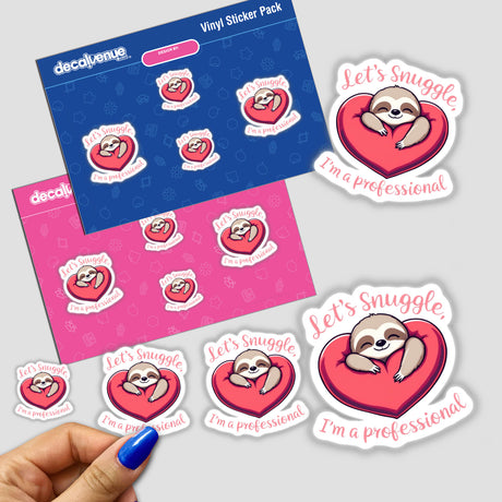 Valentine Sloth sticker featuring a cartoon sloth hugging a heart, perfect for adding a cute, whimsical touch to surfaces. Available as vinyl stickers or digital artwork.