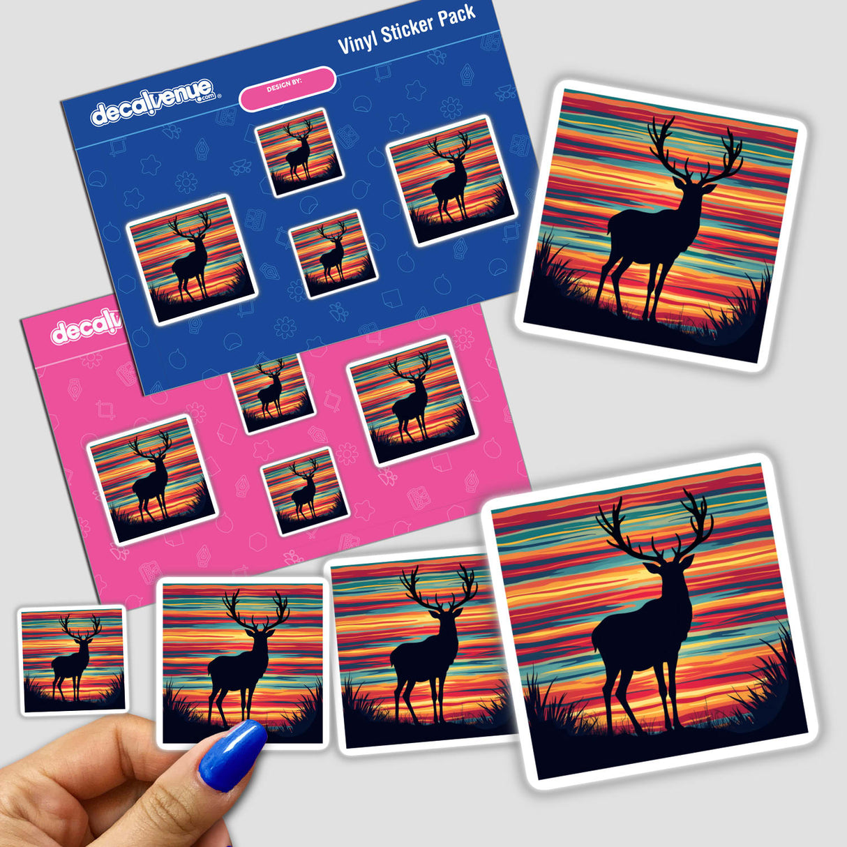 Reindeer Silhouette with Bold Color Stripes Christmas sticker, showcasing a striking deer silhouette against a vibrant, colorful backdrop. A close-up highlights the detailed design, perfect for holiday decor.