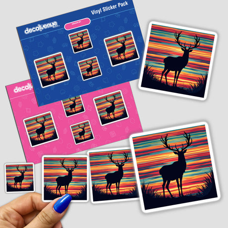 Reindeer Silhouette with Bold Color Stripes Christmas sticker, showcasing a striking deer silhouette against a vibrant, colorful backdrop. A close-up highlights the detailed design, perfect for holiday decor.