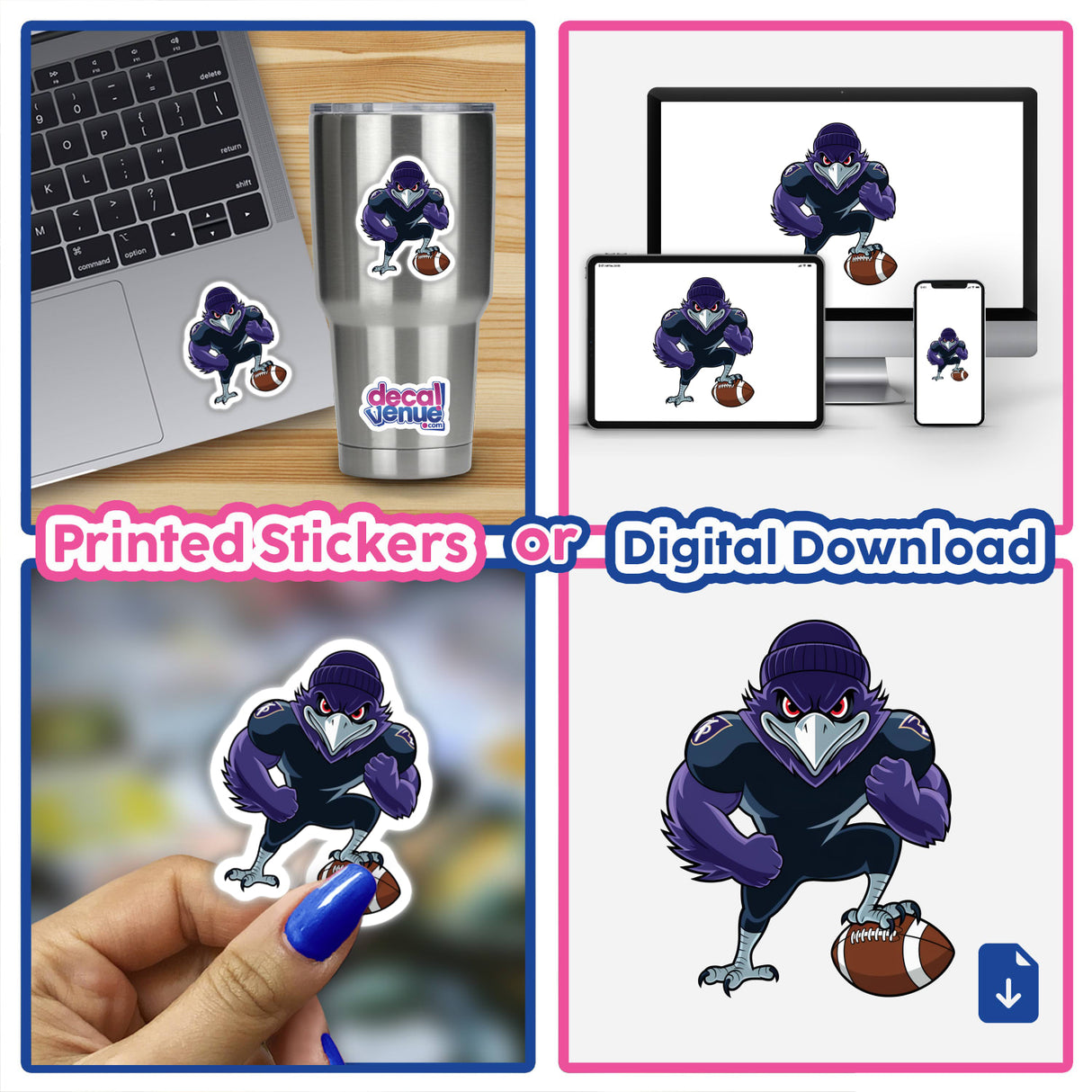 Purple Ravens Bird with Football sticker displayed on a laptop, showcasing a cartoon bird holding a football, available as unique stickers or digital artwork from Decal Venue.