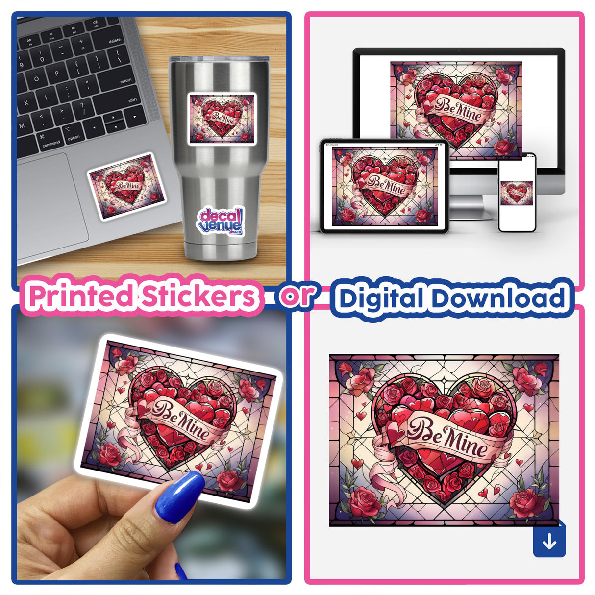 a collage of pictures with hearts and the words, printed stickers for digital