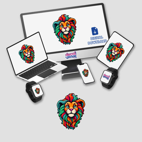 A Cute Little Lion displayed on a computer monitor and laptop, showcasing vibrant digital artwork available as stickers or digital art, reflecting Decal Venue's unique collection.