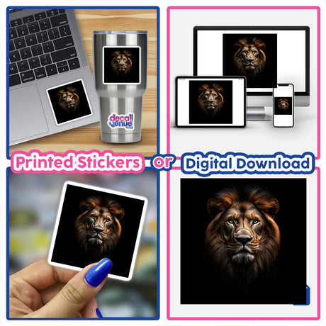 Cinematic Lion Portrait on Black Background, showcased in a collage of digital artworks and stickers, featuring a hand holding a photo, a laptop screen with the lion image, and close-ups of the lion's face.