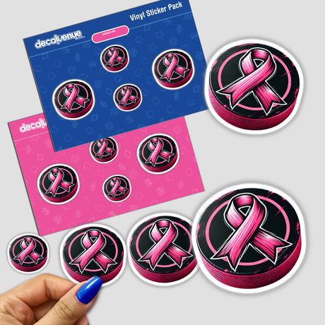 Hockey Puck Pink Ribbon Breast Cancer sticker featuring a pink ribbon on a hockey puck, representing breast cancer awareness. Available as stickers or digital artwork. Close-up of detailed design.