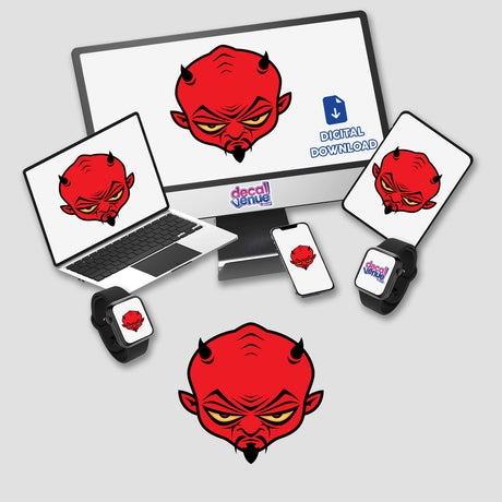 Devil Dude sticker pack featuring red devil faces with horns displayed on computer and tablet screens, embodying Decal Venue's unique digital art style.