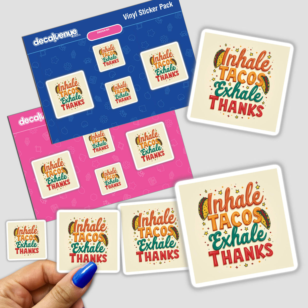 Hand holding the Inhale Tacos, Exhale Thanks Thanksgiving Sticker & Clipart, showcasing its playful text design, available as stickers or digital artwork with commercial rights.