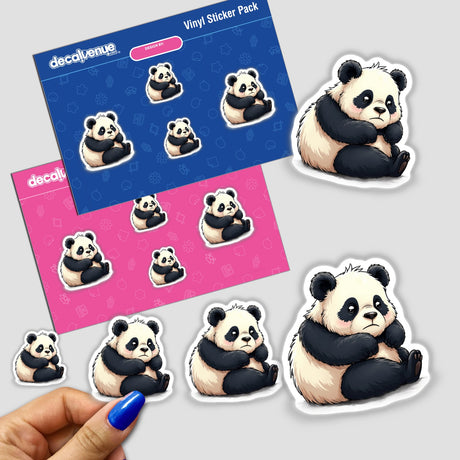 Hand holding an Adorable Sad Panda Bear Sitting Alone sticker, with multiple similar panda stickers displayed.