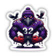 Purple Raven Bird Wearing Football Jersey III: Cartoon crow in a football jersey and gloves, available as stickers or digital artwork.