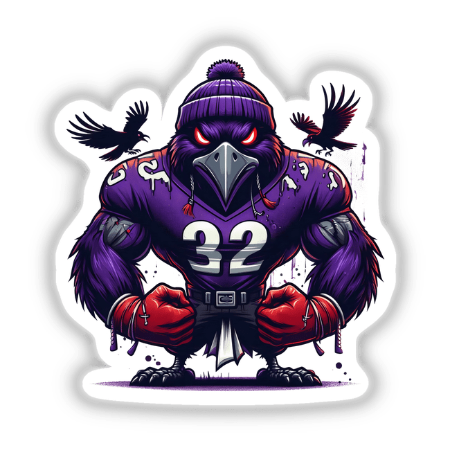 Purple Raven Bird Wearing Football Jersey III: Cartoon crow in a football jersey and gloves, available as stickers or digital artwork.