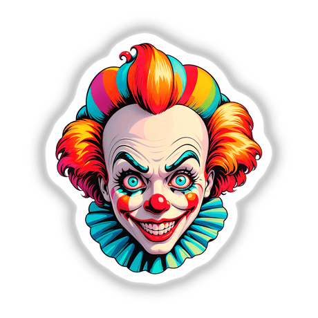 Crazy Clown Girl illustration featuring a cartoon clown with red hair, blue collar, and expressive eyes, available as unique stickers or digital artwork from Decal Venue.