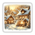 Christmas Village - Snow-Covered Cottages and Twinkling Lights: A serene winter scene with illuminated homes, snow-laden roofs, and a nearby wooden bench, perfect as stickers or digital art.