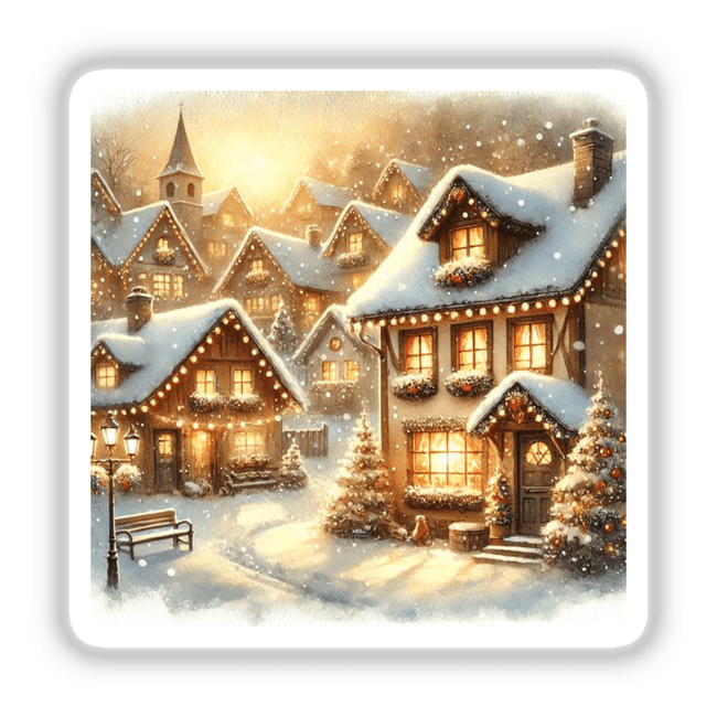 Christmas Village - Snow-Covered Cottages and Twinkling Lights: A serene winter scene with illuminated homes, snow-laden roofs, and a nearby wooden bench, perfect as stickers or digital art.