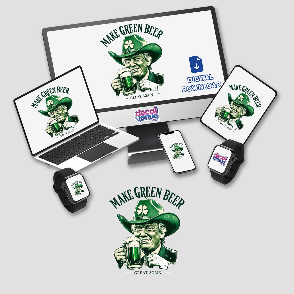 Make Green Beer Great Again Cowboy Trump II sticker featuring a cowboy-hatted Trump holding a beer mug, displayed on a laptop, ideal for quirky decoration or digital art enthusiasts.